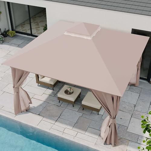 LAUSAINT HOME 12'x12' Outdoor Gazebo, Metal Frame Heavy Duty Patio Canopy Tent Shelter with Double Roofs, Mosquito Nettings and Privacy Screens for Backyard, Garden, Lawn, Khaki - color: Khaki, size: 12'x12'