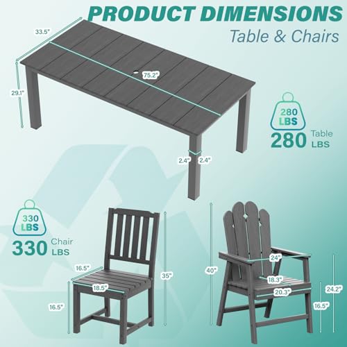9-Piece Patio Dining Set, Outdoor Dining Set for 8, HDPE All-Weather Outdoor Furniture with 75.20” Umbrella Hole Table, 2 Armchairs & 6 Armless Chairs, Gray - color: Grey, size: 2 Armchairs & 6 Armless Chairs