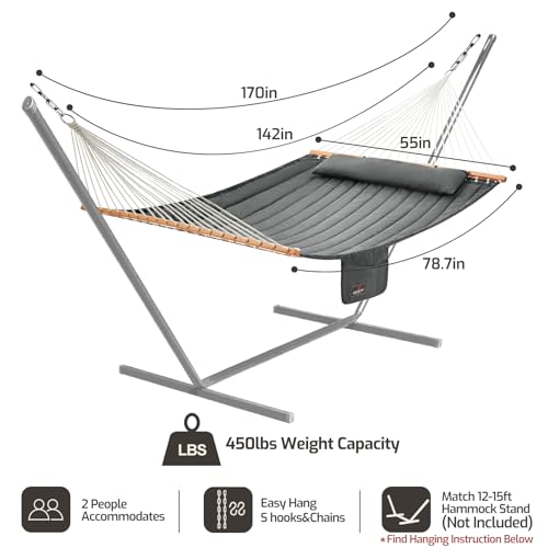 CHULIM Double Quilted Fabric Hammock with Hardwood Spreader Bars and Pillow 450 LBS Capacity 2 Person Large Hammock for Outdoor Patio Backyard Poolside - Dark Grey - color: Dark Grey