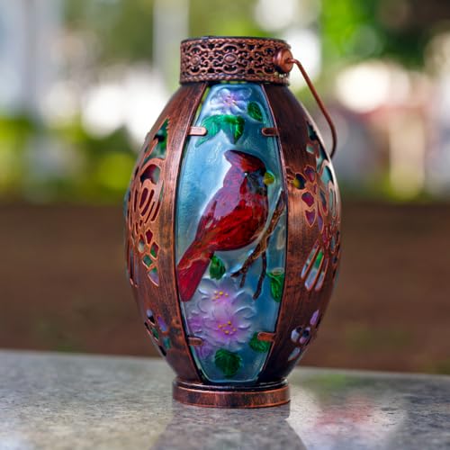 Starsoul Cardinal Outdoor Solar Lantern - Metal & Stained Glass Cardinal Solar Light, Waterproof Tabletop Lamp with Hollowed-Out Design for Yard, Patio, Garden, Pathway - color: Cardinal