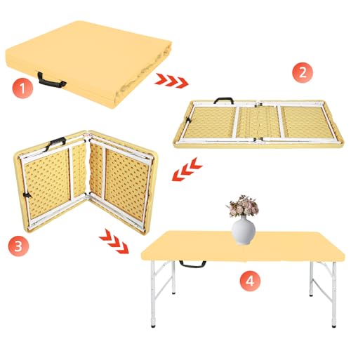 Portable 4Ft Folding Table, Heavy Duty Plastic Fold-in-Half Utility Foldable Table, Adjustable Height Plastic Folding Table with Carrying Handle for Camping &Party Indoor/Outdoor(Light Yellow) - color: Light Yellow, size: 4Ft