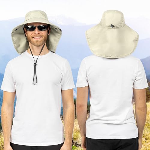 SUN CUBE Wide Brim Sun Hat with Neck Flap, UPF50+ Hiking Safari Fishing Hat for Men Women, Sun Protection Beach Hat - color: Beige