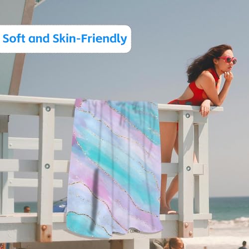 Microfiber Beach Towels,Watercolor Pink Blue Marble with Golden Stripe Oversized Absorbent Bath Towels,Soft Quick Dry Thin Camping Towel for Adults Women Men,29.5"×59" - color: Watercolor Pink Blue Marble With Golden Stripe