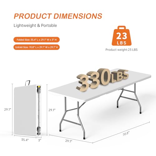 VSOAEIL Folding Table 6 Foot for Indoor Outdoor, Portable Heavy Duty Fold-in-Half Utility Plastic Foldable Dining Table with Carrying Handle for Picnic, Camping and Party, White - color: White, size: 6 FT - 1 PACK