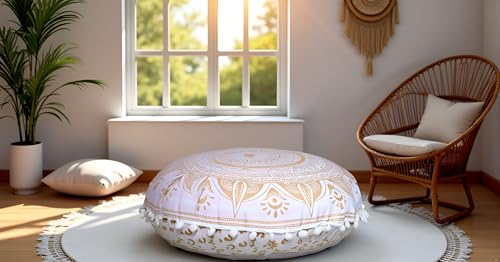 CRAFT KALA 22" Round Mandala Comfort Meditation Floor Pillow Cover, Large Pillows Seating Cover for Adults, Cushions Cover for Outdoor Yoga Fireplace Living Room Ottoman Cover White Gold Trishul - color: White Gold Trishul, size: 22"