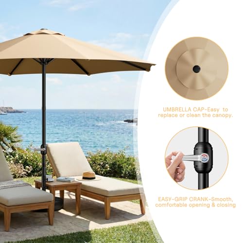 LEVELEVE 9FT Outdoor Patio Umbrella with Easy Crank - UV Resistant & Waterproof Market Umbrella with Ventilated Canopy, 8 Sturdy Ribs & Powder-Coated Frame for Garden, Deck, Backyard, Pool, Patio Table - color: Khaki, size: 9FT