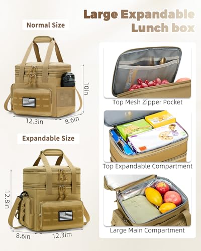 holuxer Tactical Lunch Bag & Lunch Box for Men - Large Double Deck Expandable Insulated Soft Adult Lunchbox for Work - Cooler Bag for Beach, Picnic, Camping,Outdoor，Travel (Brown,16L) - color: Brown, size: Large