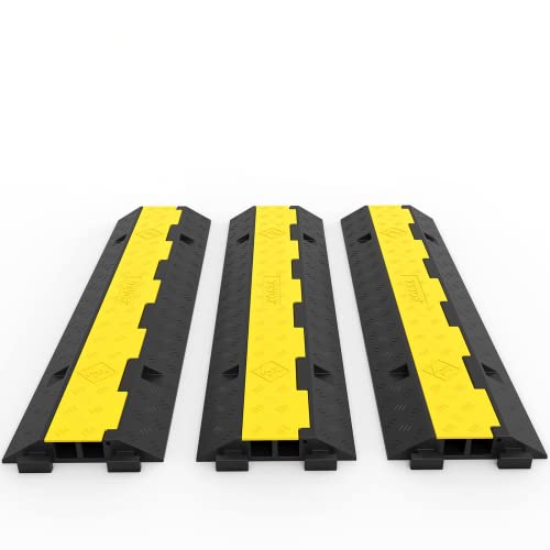 VEVOR 3 PCs Rubber Cable Protector Ramp, 2 Channel, 11000 lbs/axle Capacity Heavy Duty Hose Wire Cover Ramp Driveway, Traffic Speed Bump w/Flip-Open Top Cover, for Indoor&Outdoor - size: 3PC-2 Channel