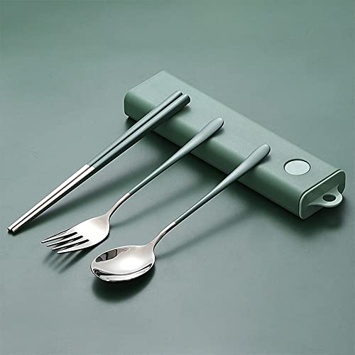 Traveling Cutlery Set, Portable Stainless Steel Outdoor Dinnerware with Shell, Reusable Chopsticks, Fork and Spoon Set, Pocket Cutlery for Picnic, Camping and Traveling (Green)