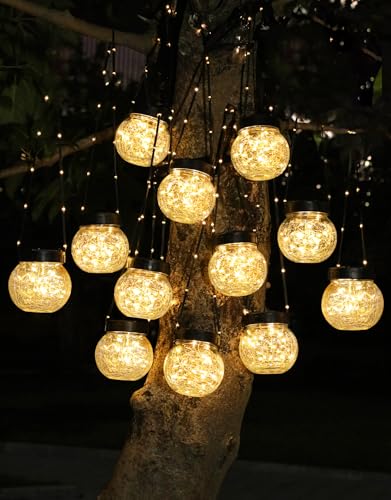 PARTPHONER Solar Lights Outdoor Waterproof 12-Pack, Solar Powered Hanging Lantern Cracked Glass Hanging Globes for Yard Decor Christmas Decoration, Shepherd Hook, Garden Tree Ornaments, Warm White - color: Warm White