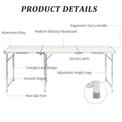 6.0 Ft Folding Portable Camping Table, Adjustable Height, Outdoor Waterproof Aluminum Lightweight Suitcase Table for Picnic, BBQ, Beach, Dining - color: White, size: 6 FT