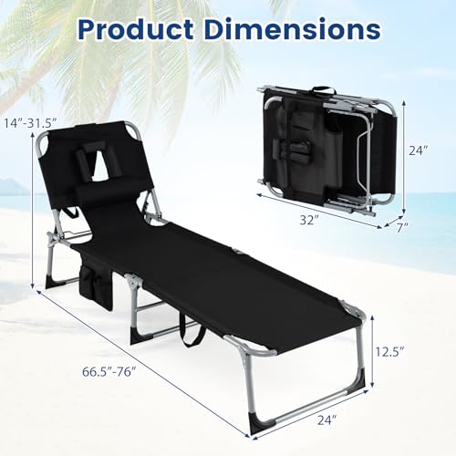 COSTWAY Tanning Chair with Face Hole, Folding Beach Lounge Chair with 4-Position Adjustable Backrest, Pillow & Side Pocket, Foldable Chaise Lounge Chair Outdoor for Sunbathing, Camping (1, Black) - color: Black