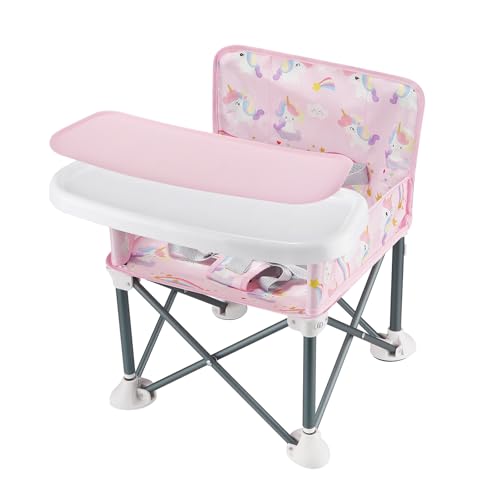 PandaEar Portable Baby Booster Seat | Compact Fold with Safety Straps & Feeding Tray for Indoor/Outdoor Use | Great for Travel, Camping, Beach, Lawn | Toddlers, Kids, Boys, Girls (Pink Unicorn)