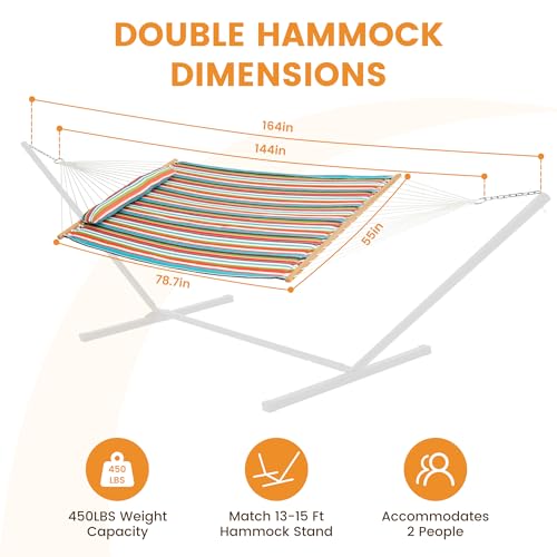 Lazy Daze Hammocks 12 FT Quilted Fabric Double Hammock with Spreader Bars and Detachable Pillow, 450lbs Weight Capacity, Bright Stripe - color: Bright Stripe