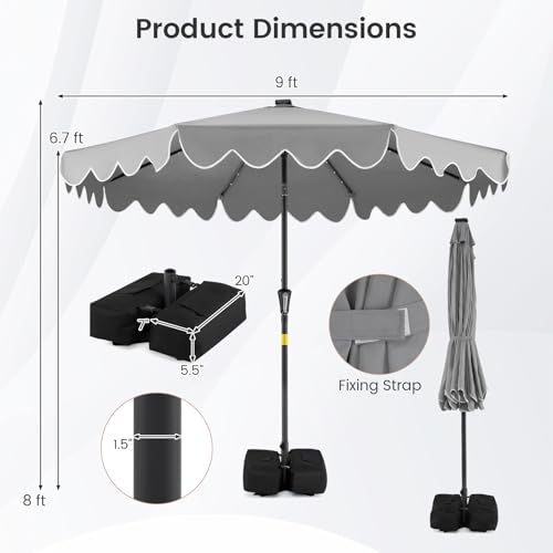 Tangkula 9 FT Solar Patio Umbrella with Base Included, 2-Tiers Outdoor Scalloped Table Umbrella with 32 LED Lights, 2 Sandbags, Tilt Adjustment, Crank, 8 Ribs for Market Backyard Pool Deck Beach Lawn - color: Gray, size: 9 FT