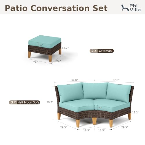 PHI VILLA 4-Piece Curved Patio Furniture Set, Half-Moon Wicker Sectional Furniture Sofa Set for 8 Seats with Cushioned 3 x Curved Sectionals and 2 x Ottoman, Aqua Blue - color: Aqua Blue, size: 8 Seats - Round