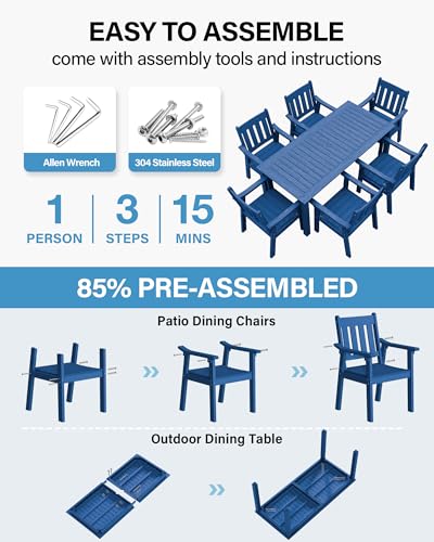 YEFU HIPS Patio Table Set: 7 Piece Outdoor Table and Chairs Dining Furniture Set with Umbrella Hole - Blue Modern Plastic Dining Sets 6 Person for Outside Deck with Metal Aluminum Frame - color: Blue, size: 7 Piece