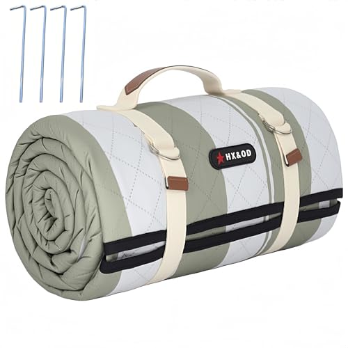 HX&OD Outdoor Picnic Blanket Extra Large, 80''*60'' Waterproof Picnic Mat with Stakes Foldable Camping Blanket Portable with Carry Strap for Beach Mat (Green& White, 80''*60'') - color: Green& White, size: 5' x 6'8" (Rectangular)