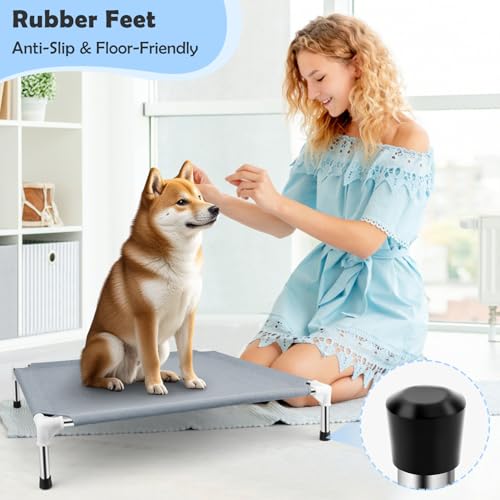 Elevated Cooling Dog Bed, Raised Outdoor Dog Bed for Medium Dogs, Portable Pet Cots with No-Slip Rubber Feet, Double Layer Polyester Cotton - color: Grey-M