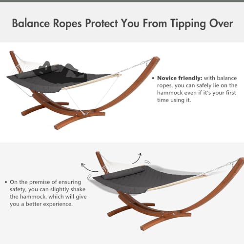 ANOW 13.5FT Curved Wood Stand with Portable Rope Hammock, Heavy Duty Larch Wood Arc Stand with 2 Chains, 4 Balance Ropes and 4 Carabiners, Includes Gray Hammock with Spreader Bars - color: Grey