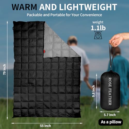 Down Camping Blanket - Lightweight, Packable, Warm & Puffy Outdoor Travel Quilt for Sleep, Hiking, Backpacking, Stadium, Festivals, Water-Resistant Sleeping Bag 55"x79" - color: Midnight Black, size: 1LB 1.6OZ / 79" x 55"