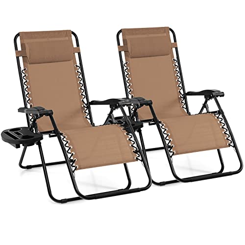 Giantex 2 PCS Zero Gravity Chair Patio Chaise Lounge Chairs Outdoor Yard Pool Recliner Folding Lounge Chair with Cup Holder (Beige) - color: Tan, size: 1 Count (Pack of 2)