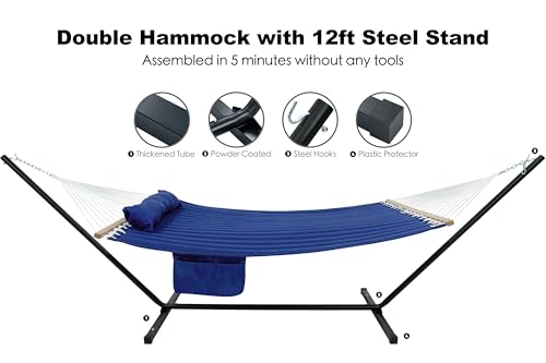 GAFETE 2 Person Hammock with Stand for Outside, Heavy Duty Steel Stand, Double 55inch Hammocks, Large Removable Pillow, Storage Bags, Max 475 lbs Capacity (Blue) - color: Blue