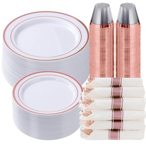 Goodluck 350 Piece Rose Gold Plastic Dinnerware Set for 50 Guests, Fancy Disposable Plates for Party, Include: 50 Dinner Plates, 50 Dessert Plates, 50 Pre Rolled Napkins with Silverware, 50 Cups - color: Rose Gold, style: 350 Piece (50 guests)