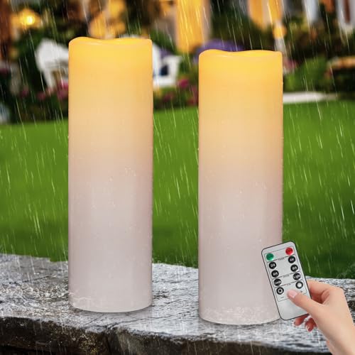 Kimjo 14" x 4" Large Outdoor Candles with Remote: Battery Operated LED Flameless Candles with Timer - Realistic Fake Waterproof Flickering Pillar Candles for Patio Porch Lanterns (White 2 Pack) - color: White