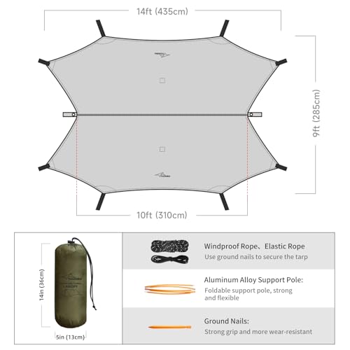 Ultralight Tarp, 14ft Hammock Rain Fly Lightweight Waterproof Camping Tent Tarp with Doors, Bushcraft Tarp Shelter for Backpacking Hiking Camping - color: Army