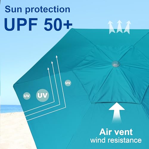AMMSUN 8ft Large Beach Umbrellas for Sand Heavy Huty Wind Portable Commercial Grade Patio Beach Umbrella with Sand Anchor Adjustable Height Air Vent UPF 50+ Telescoping Pole without tilt Teal - color: Teal