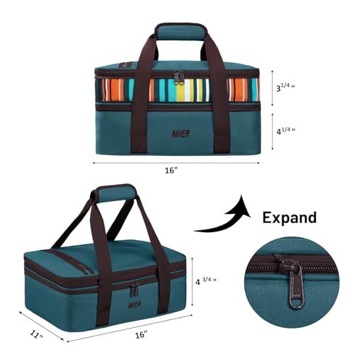 MIER Insulated Double Casserole Carrier Bag for Lasagna Lugger, Potluck Parties, Picnic, Beach, Fits 9 x 13 Inches Baking Dish, Casserole Dish, Expandable by Mid Zipper, Peacock Blue - color: Peacock Blue