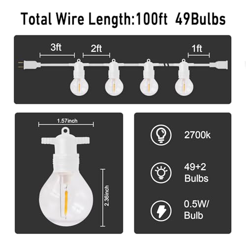 HISTAR 100FT White Outdoor String Lights with 49+2 Led Bulbs, G40 Globe Patio Lights for Backyard Porch Balcony Party Decor - size: 100FT-white
