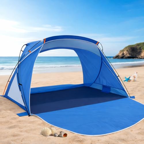 Beach Tent Sun Shelter with UPF 50+ UV Protection, Dual Door Design for Better Ventilation, Easy Setup Portable Beach Shade Canopy with Carrying Bag for Beach, Camping, Fishing and Outdoor Travel - color: Blue-Dual Door, size: Spacious 4-Person