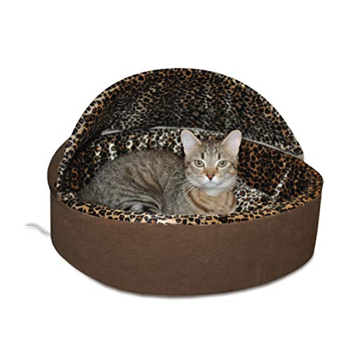 K&H Pet Products Thermo-Kitty Bed Deluxe Heated Cat Bed for Smaller Kitties - Indoor Heated Pet Bed for Dogs & Cats, Covered Cave Pet Tent, Machine Washable, Safety Listed - Small 16in Mocha/Leopard - color: Mocha, size: Small 16 Inches 4 Watts