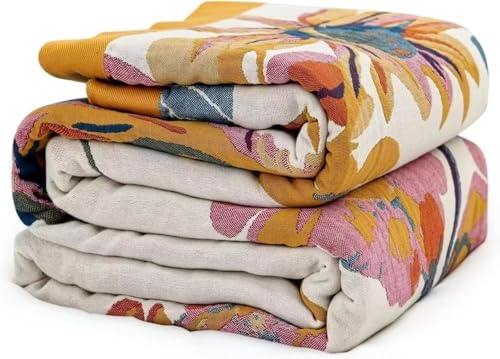 Boho Throw Blanket for Bed 100% Cotton Bohemian Blankets Ultra Soft Woven Muslin Decorative Blankets All Seasons Vintage Quilt Knitted Blanket for Sofa Chair(Yellow, 80"x90") - color: B-yellow, size: 80"x90"
