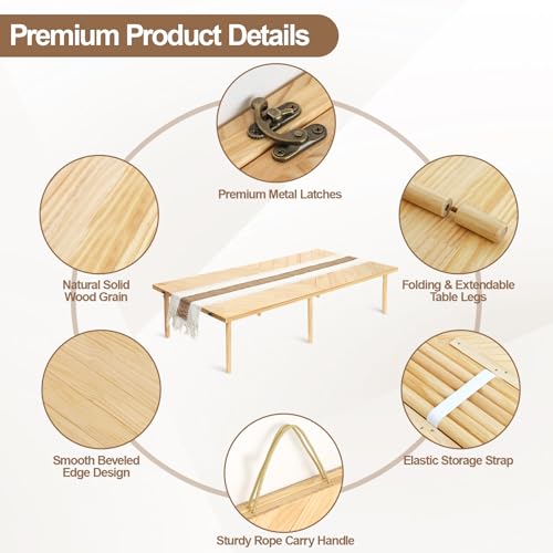 Folding Picnic Table 60x30in, Solid Wood Portable Low Floor Table, Mortise & Tenon Joints, Adjustable Height, Boho Table for Beach Camping Garden Party, Runner Included, Seats 4-6