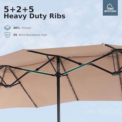 MFSTUDIO 15ft Double Sided Patio Umbrella with Solar Lights, Outdoor Large Umbrellas with Crank Handle and 36 LED Lights, Rectangular Market Umbrella with Base Included for Deck Pool Shade, Beige - color: Beige