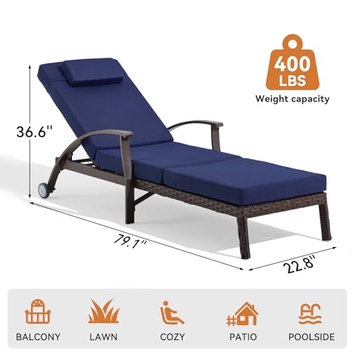 79.1''Chaise Lounge Chair Set Outdoor of 2, Patio Lounge Chair, Wicker Reclining Chair with 6 Adjustable Position Backrest 115-180° for Poolside, Backyard, Lawn, Deck (Blue) - color: Blue, size: 2 Pieces