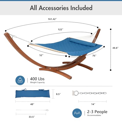 ANOW 13.5FT Curved Wood Stand with Double Rope Hammock, Heavy Duty Larch Wood Arc Stand with 2 Chains, 4 Balance Ropes and 4 Carabiners, Includes Blue Hammock with Spreader Bars - color: Blue