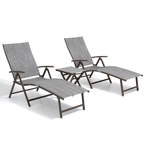 Crestlive Products Folding Patio Chaise Lounge Chair Outdoor, Aluminum Adjustable Outdoor Pool Recliner Chair, Assemble-Free, 8 Positions - color: Dark Gray, size: 3 Pcs