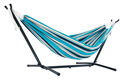 Vivere Double Sunbrella Hammock with Space-Saving Steel Stand, Heavy-Duty Portable Outdoor Hammock Set for Backyard, Patio, or Travel, Token Surfside - color: Token Surfside