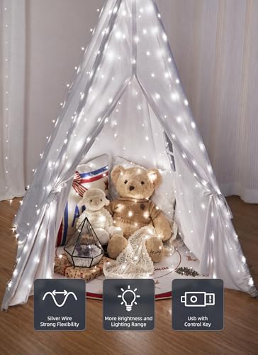 Brightown 300 LED Fairy Curtain Lights, 9.8ft x 9.8ft String Lights, USB Plug in 8 Lighting Modes Christmas String Hanging Lights with Remote for Bedroom Indoor Outdoor Party Xmas White 1 Pack - color: White, size: 1 Pack-300 LED