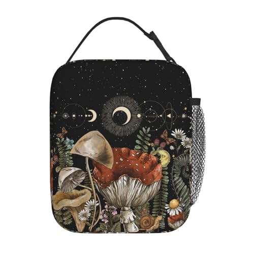 Vintage Mushroom Cute Forest Magic Leaf Forest Insulated Lunch Bag Portable Reusable Zipper Lunch Box For Men Women Work Picnic Travel Camping - color: Black2