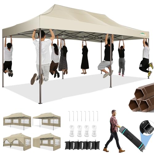 COBIZI 10x20 Pop Up Canopy Tent Heavy Duty with 6 Removable Sidewalls, Commercial Heavy Duty Pop Up Tent for Parties All Weather Waterproof and UV 50+ Wedding Tent with Roller Bag(Legs Upgraded) - color: Khaki, size: 10x20FT