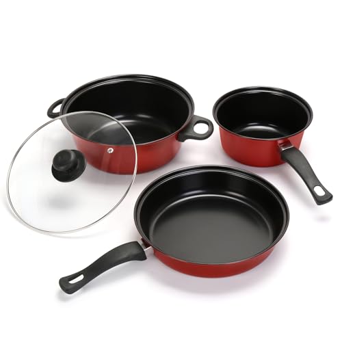Non-Stick Cookware Set, 4 Piece Set Portable Lightweight Cast Iron Pots and Pans with Glass Lids and Nylon Utensils for Outdoor Travel Camping Picnic