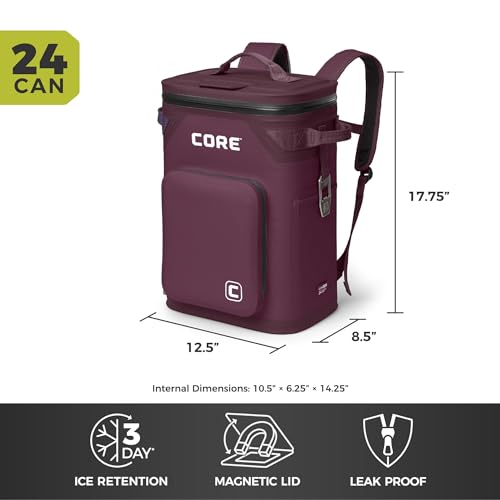 CORE Magnetic Leak Proof Soft Cooler with Waterproof Zipper | Insulated Bag Portable Ice Chest Box | Best Soft Cooler for Food & Beverages for Tailgating, Car Camping, Travel, and Family Beach Picnics - color: Mulberry, size: 24 Can