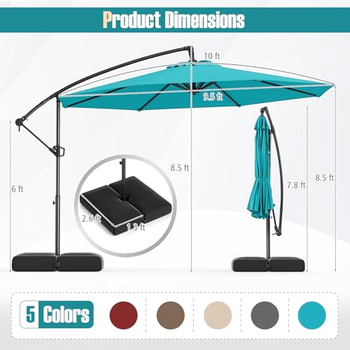 Tangkula 10ft Patio Umbrella with Base Included, Offset Cantilever Outdoor Umbrella with Infinite Tilt, 360 Degree Rotation, Crank Handle, Sun-Protective Canopy for Pool Deck Garden Backyard (Turquoise) - color: Turquoise, size: 10 FT