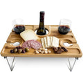 Outdoor Wine Picnic Table, Folding Portable Wood Tray with 4 Wine Glass Holder for Cheese and Fruit, Ideal for Camping, Beach, Wine Gifts for Women