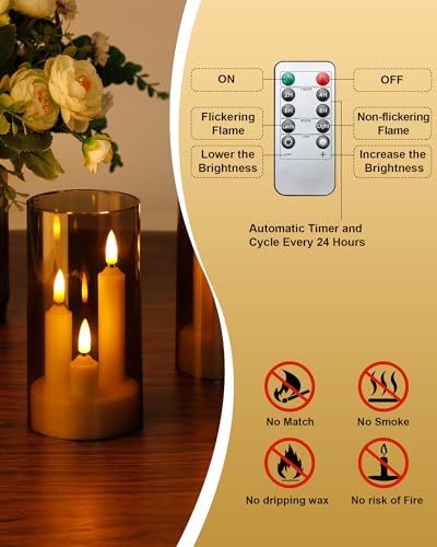 Enido 2 Pc Flameless LED 3-in-1 Taper Candles with Remote & Timer, Battery Operated Acrylic Pillar Set, 3" x 6" Flickering Electric Lights for Cozy Home & Holiday Romantic Decor (Gray) - color: Taupe